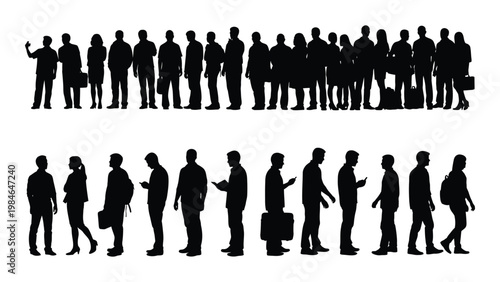 A diverse group of business professionals are depicted in silhouette both standing and in motion