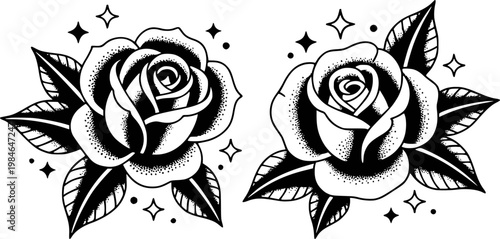 Black and white traditional tattoo style roses with stars and dots white background