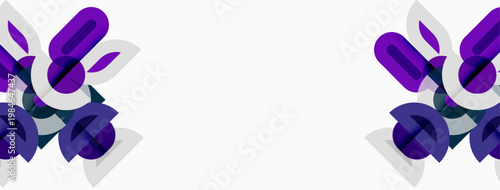 Abstract purple shapes flank white space. Geometric design features overlapping rectangles, creating dynamic visual effect. Minimalist composition.