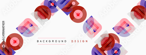 Abstract geometric shapes overlap, creating vibrant visual texture. Red, purple hues dominate neutral background. Modern design element.