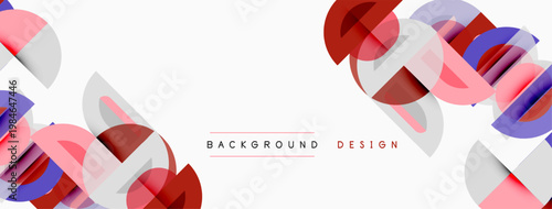 Abstract geometric shapes overlap, creating dynamic visual effect. Red, blue, gray tones dominate design. Minimalist style.