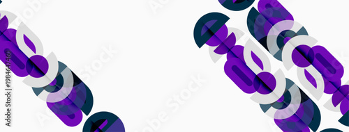 Abstract design features overlapping purple shapes. Minimalist composition with white background. Modern aesthetic, geometric patterns present.