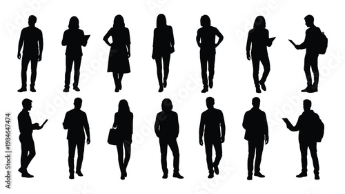 A collection of black silhouettes depicting diverse people walking and standing in various poses high quality
