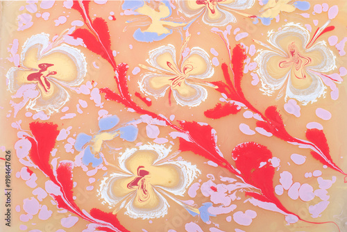 Soft pastel floral Ebru marbling texture with elegant tulip patterns and liquid ink