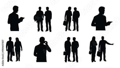A collection of black silhouettes depicting diverse groups of people in various casual poses high quality