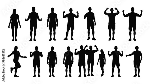 A collection of black silhouettes depicting various human poses and gestures against a white background
