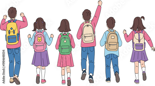 School Children Walking Away with Backpacks from Rear View, Happy Kids Going to School Vector Illustration for Education, Learning and Back to School Concept.