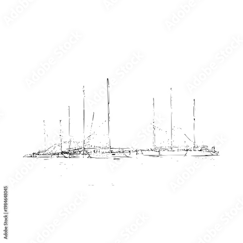 Sailboats docked in a serene harbor at sunset sketched in a minimalist black line art style on a white background