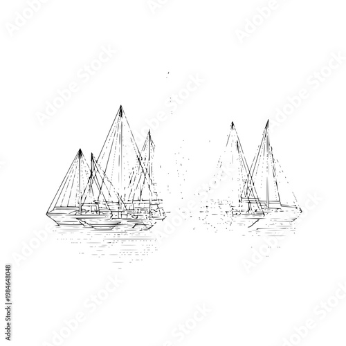 Two sailboats with multiple masts floating on calm water line drawing illustration