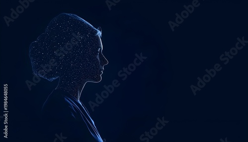 A futuristic digital illustration of a woman's profile made of stars and light trails on a dark blue background