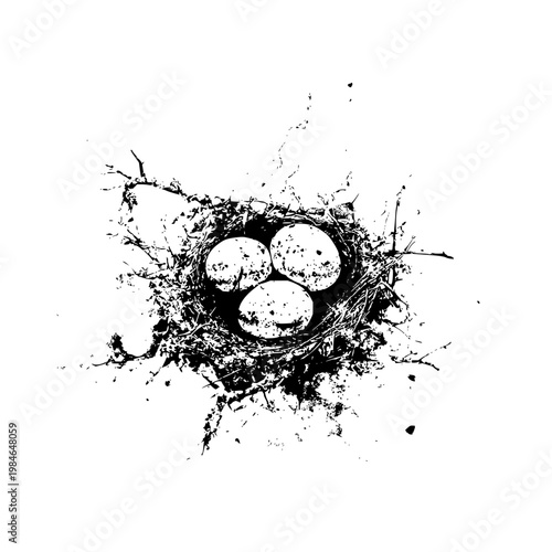 Bird's nest with three speckled eggs on white background abstract illustration with splatters