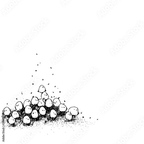 A black and white illustration of a crowd of faceless people with some rising upwards in a stylized depiction of social ascension and individuality