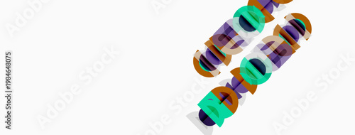 Abstract design features overlapping colorful rings. Geometric shapes create dynamic visual effect. Minimalist composition with white background.