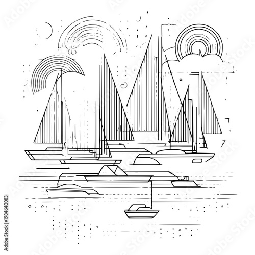 Serene seascape with sailboats on calm waters under stylized sun and moon abstract line art illustration