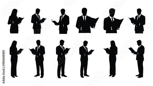 Silhouettes of business professionals reading documents likely attending a meeting or presentation high quality professional detailed