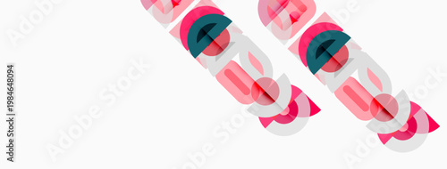 Abstract design features overlapping pink text elements. Minimalist composition with white background. Modern aesthetic, vibrant colors.