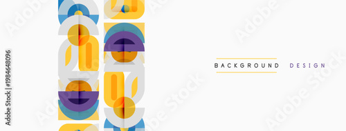 Abstract geometric pattern. Circles, squares, rectangles overlap creating colorful visual effect. Minimalist design suitable for backgrounds.