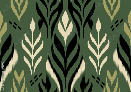 Earthy Sage Green Ikat Floral Leaf Pattern