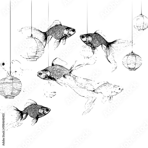 Black and white illustration of goldfish hanging from paper lanterns on strings in water