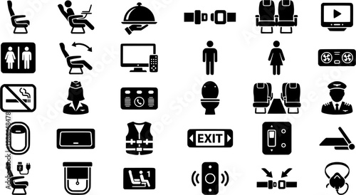 Airplane seat icons: travel essentials, in-flight entertainment, food service, safety signs
