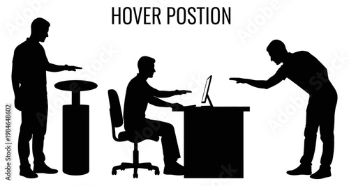 Silhouettes of men in hover positions at desk and console for interactive display