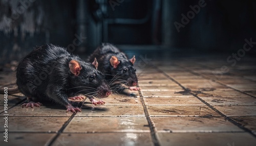 Two dark rodents with shiny fur, long whiskers, and pink ears, search for food on dirty tiled floor in a dimly lit, grungy urban environment