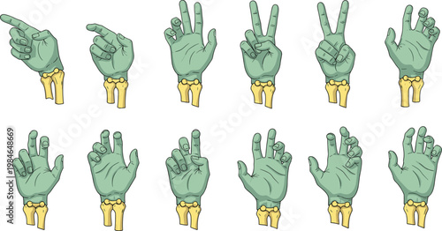 Zombie Hand Gesture Vector Set with Various Creepy Undead Signs, Horror Claw Poses Collection for Halloween Design, Spooky Illustration, and Dark Themed Graphics.