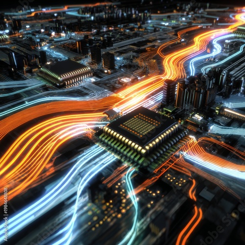 The neural nexus: unveiling general artificial intelligence. Data links. Ai motherboard: a symphony of technology and light. Data network. Fiber optics.