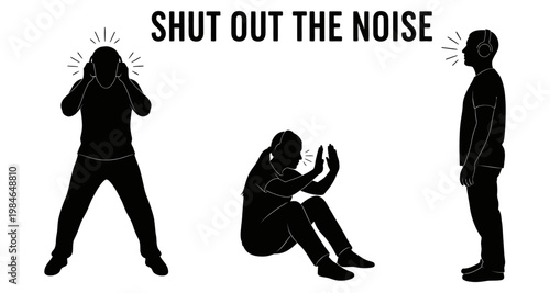 Silhouettes of people blocking sound with hands against white background