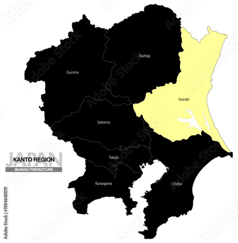 [日本地図] 関東地方の茨城県の都県名入り位置地図 (英語)