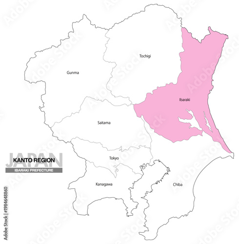 [日本地図] 関東地方の茨城県の都県名入り位置地図 (英語)