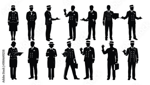 A collection of silhouetted figures depicting various maritime professionals in formal uniforms high quality professional detailed