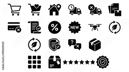 Collection of black icons related to shopping and ecommerce services