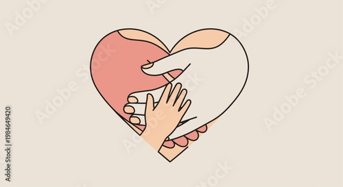 Minimalist vector illustration of multiple hands, adult and child, joining to form a heart shape, symbolizing family unity, care, love, support, and community connection