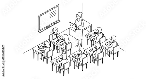Modern Classroom Setup with Interactive Presentation and Student Engagement