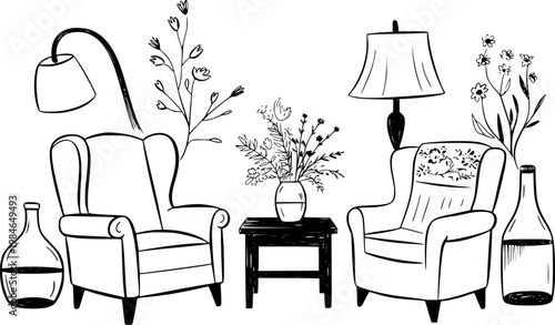 Hand-drawn of cozy armchairs, lamps, and floral arrangements white background vase