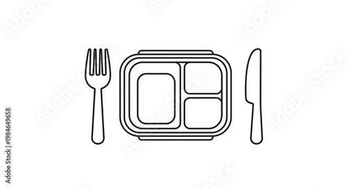 Professional vector illustration of a silverware set featuring a fork and knife on a plate with a spoon for a restaurant menu icon or kitchen dining table meal
