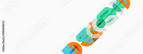 Abstract colorful design features overlapping shapes, diagonal layout, white background. Modern aesthetic, vibrant hues present.