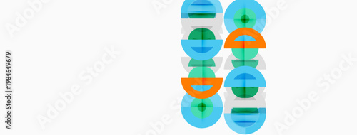 Abstract geometric shapes, circles, semicircles, overlapping forms. Orange, teal colors on white background. Minimalist design, modern aesthetic.