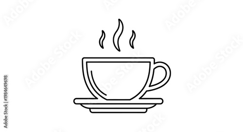 A steaming hot coffee cup icon and tea mug vector illustration featuring a cafe espresso beverage with aroma for a breakfast restaurant logo sign