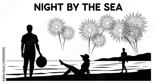Silhouettes of people enjoying fireworks on a beach at night