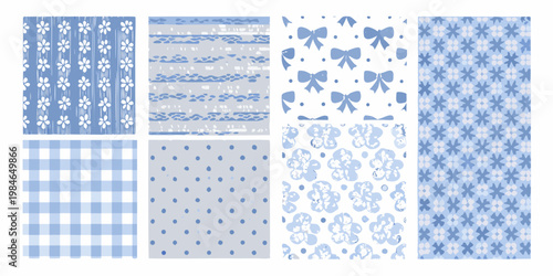Collection of blue and white patterned fabric swatches displayed together