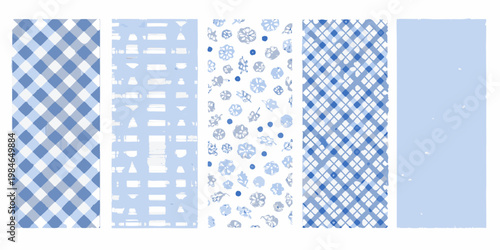 Assorted blue and white patterned paper swatches arranged vertically