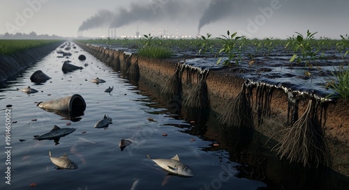 Industrial pollution affects environment with dead fish floating in contaminated canal water