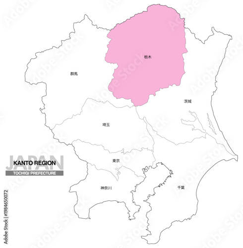 [日本地図] 関東地方の栃木の都県名入り位置地図