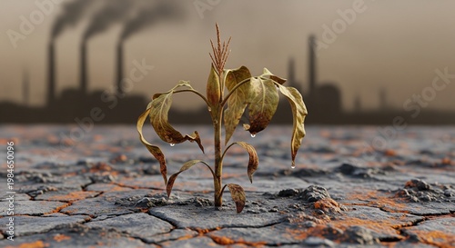 A small plant struggles to survive amidst industrial pollution in a barren landscape.