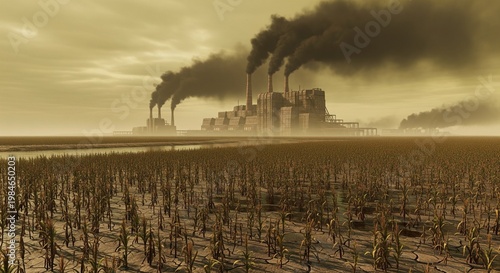Industrial pollution affects barren landscape with smokestacks and dead plants nearby