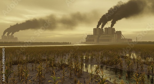 Industrial pollution affects a cornfield near a factory by a river