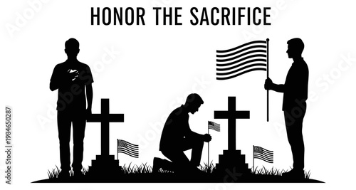 Silhouettes of people honoring fallen soldiers at gravesites with American flags