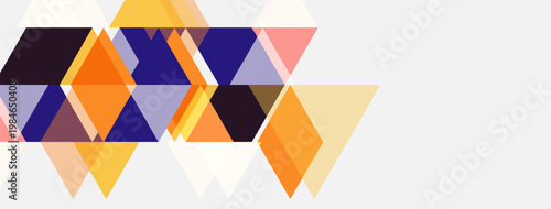 Abstract geometric shapes overlap, creating dynamic visual pattern. Orange, purple, pink hues dominate composition. Minimalist design.
